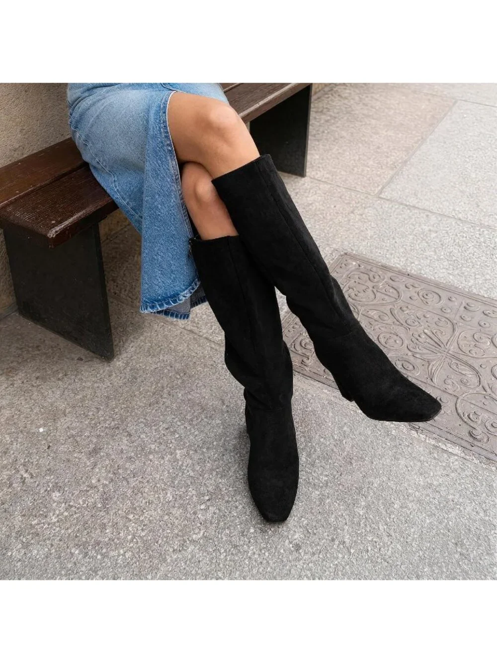 Women's Black Suede Sleek Modern Style Block Heel Square Toe Knee High Boots